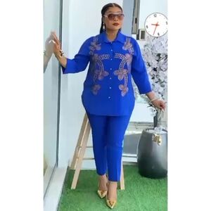 Bedazzled Royal Blue Women's Blouse And Pant Set